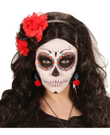 PENDIENTES CALAVERA MEJICANA AZUL CON FLOR ROJA