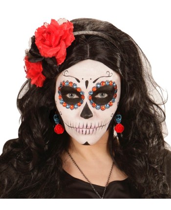 PENDIENTES CALAVERA MEJICANA AZUL CON FLOR ROJA