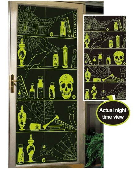 DECO PARED ESTANTERIAS CON CALAVERAS FLUOR 