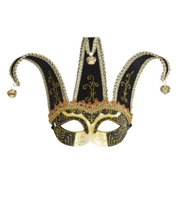 ANTIFAZ BUFON DORADO Y NEGRO CON CASCABELES