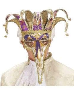 Antifaz bufón dorado y morado con cascabeles para disfraz