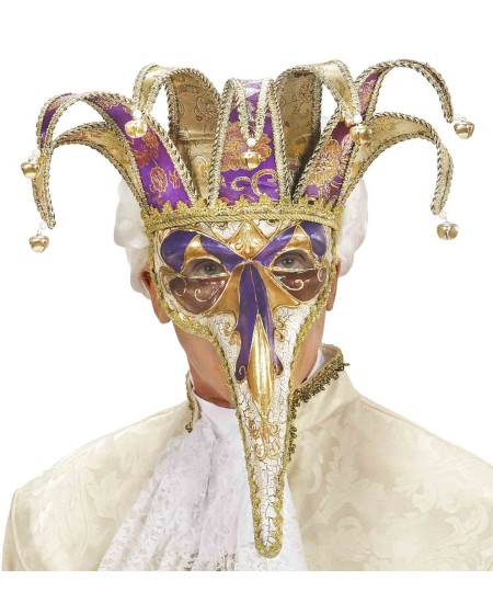 Antifaz bufón dorado y morado con cascabeles para disfraz