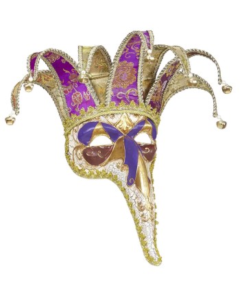 Antifaz bufón dorado y morado con cascabeles para disfraz