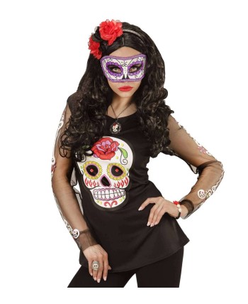 ANTIFAZ MORADO CON GLITTER CALAVERA MEJICANA