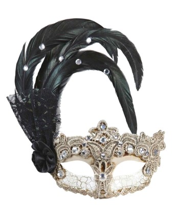 ANTIFAZ DORADO CON PLUMAS NEGRAS