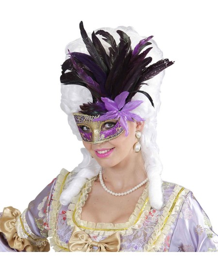 ANTIFAZ MORADO CON PLUMAS Y FLOR