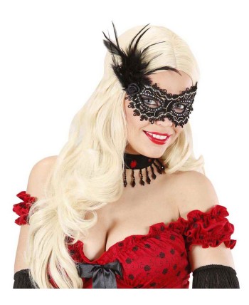 ANTIFAZ NEGRO CON DECORACIONES DORADAS Y PLUMA