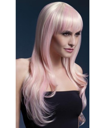 PELUCA SIENNA RUBIA CON MECHAS ROSAS CALIDAD LUJO