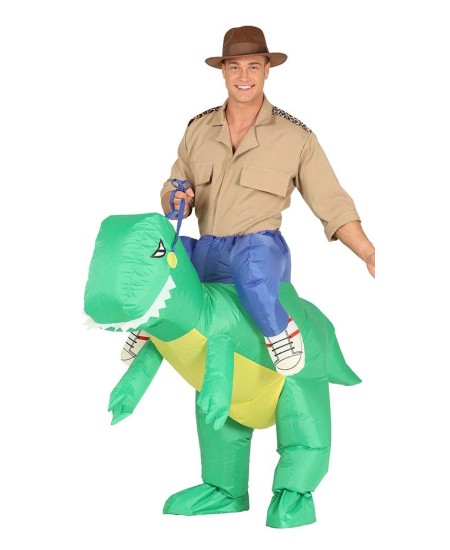 DISFRAZ DE EXPLORADOR A HOMBROS DE DINOSAURIO HINCHABLE