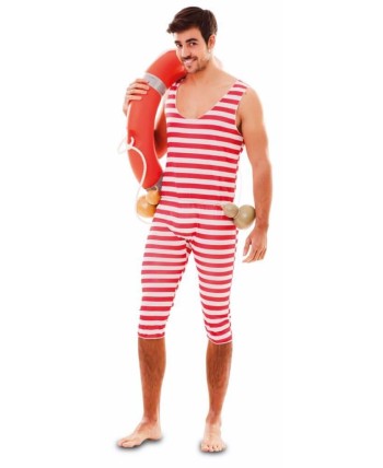 DISFRAZ DE BAÑISTA HOMBRE RAYAS BLANCO Y ROJO