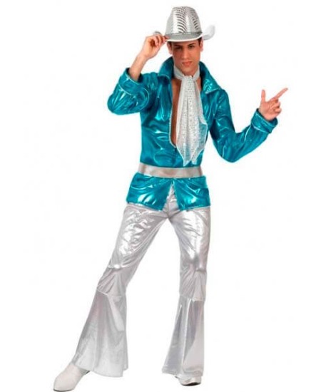 DISFRAZ DE DISCO FEVER AZUL Y PLATA PARA HOMBRE