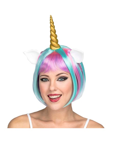 PELUCA UNICORNIO CORTA COLORES CON CUERNO Y OREJAS