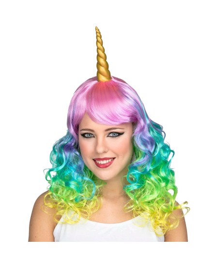 PELUCA UNICORNIO LARGA RIZADA CON CUERNO Y OREJAS