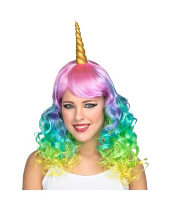 PELUCA UNICORNIO LARGA RIZADA CON CUERNO Y OREJAS