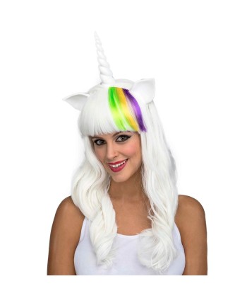 PELUCA UNICORNIO LARGA BLANCA CON FLEQUILLO COLOR