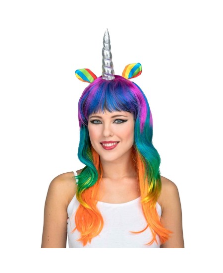 PELUCA UNICORNIO LARGA COLORES RIZADA CUERNOS Y OREJAS DE COLORES