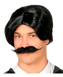 PELUCA HOMBRE NEGRA CON RAYA AL MEDIO Y BIGOTE