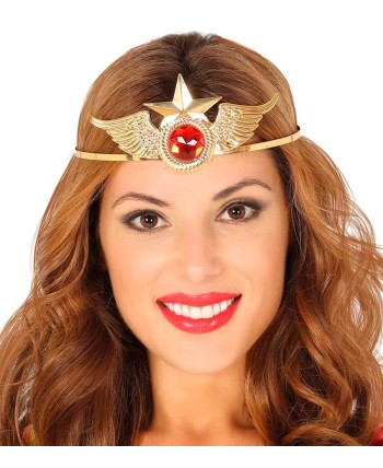 DIADEMA SUPERHEROINA ORO METAL CON PIEDRA ROJA