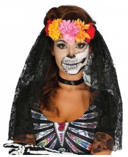 DIADEMA CALAVERA MEJICANA CON FLORES Y VELO ENCAJE