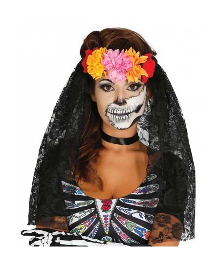 DIADEMA CALAVERA MEJICANA CON FLORES Y VELO ENCAJE