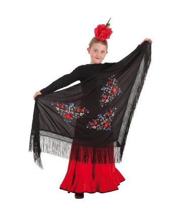 MANTON NEGRO DE SEVILLANA CON FLORES BORDADAS GRANDE