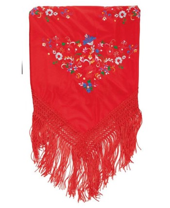 MANTON ROJO DE SEVILLANA CON FLORES BORDADAS GRANDE