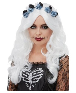 PELUCA BLANCA ONLULADA CON FLORES DIA DE LOS MUERTOS
