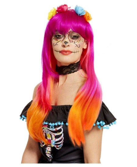 PELUCA TRICOLOR CON FLORES DIA DE LOS MUERTOS