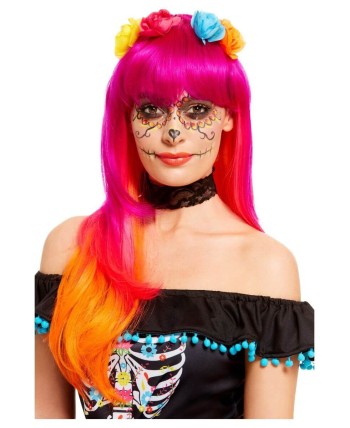 PELUCA TRICOLOR CON FLORES DIA DE LOS MUERTOS