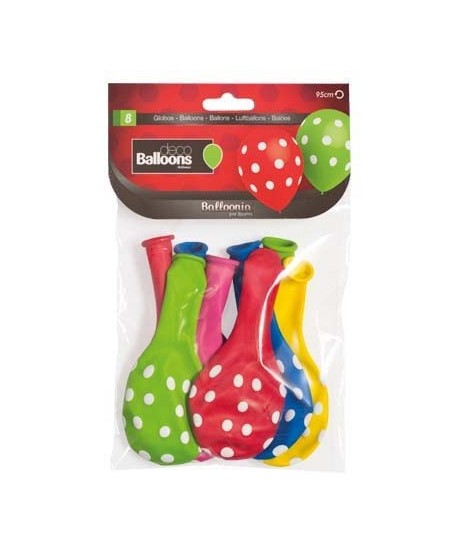 GLOBOS COLORES CON LUNARES BLANCOS 8 UNIDADES