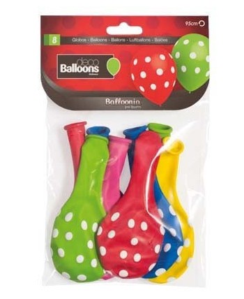 GLOBOS COLORES CON LUNARES BLANCOS 8 UNIDADES