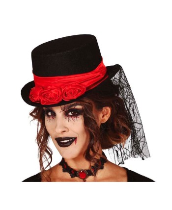 CHISTERA NEGRA CON BANDA ROJA CON TUL Y ROSAS