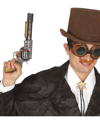 PISTOLA REVOLVER STEAMPUNK PLATEDA DETALLE ROJO