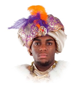 TURBANTE REY BALTASAR MORADO Y DORADO CON PLUMA