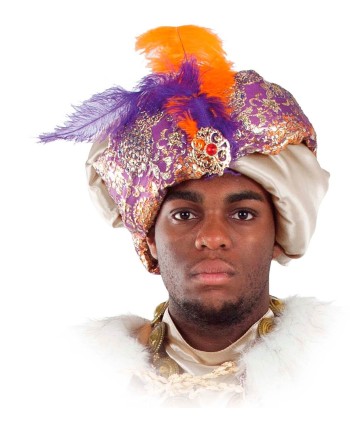 TURBANTE REY BALTASAR MORADO Y DORADO CON PLUMA
