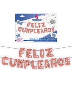 GLOBOS FELIZ CUMPLEAÑOS GUIRNALDA ORO ROSA