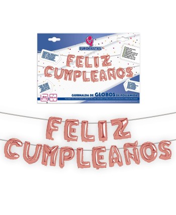 GLOBOS FELIZ CUMPLEAÑOS GUIRNALDA ORO ROSA