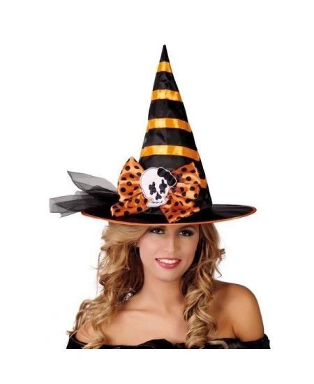 SOMBRERO BRUJA CON LAZO Y CALAVERA NARANJA