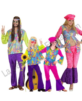 DISFRAZ GRUPO HIPPIES FLORES COLORES