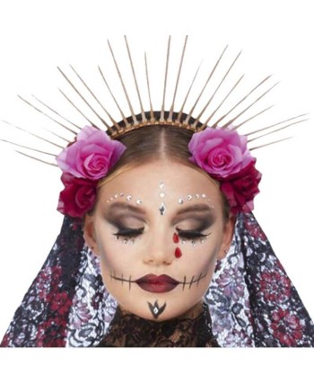 DIADEMA CALAVERA MEJICANA CON ROSAS Y VELO