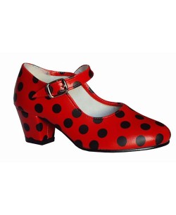 ZAPATO DE SEVILLANA ROJO CON LUNARES NEGROS SINTETICOS