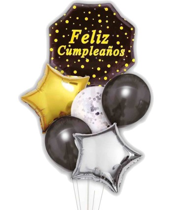 BOUQUET DE GLOBOS CUMPLEAÑOS HEXAGONO NEGRO