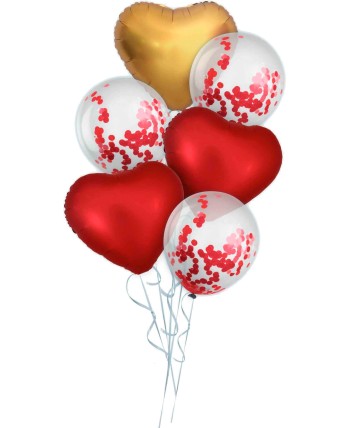 BOUQUET DE GLOBOS CORAZONES ROJOS Y DORADOS