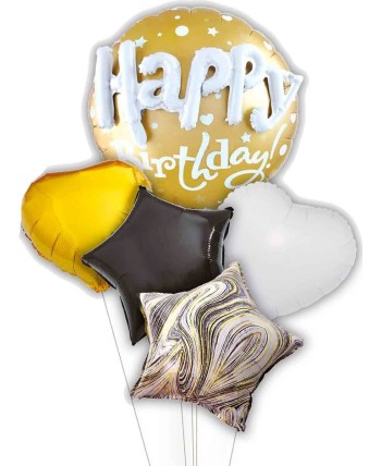 BOUQUET DE GLOBOS HAPPY BIRTHDAY DORADO RELIEVE