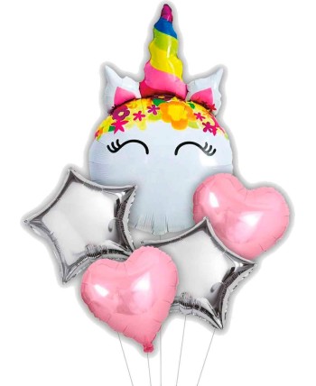 BOUQUET DE GLOBOS UNICORNIO ESTRELLAS Y CORAZONES