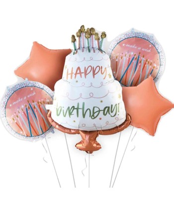 BOUQUET GLOBOS TARTA BLANCA HAPPY BIRTHDAR