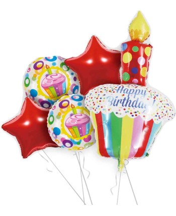 BOUQUET DE GLOBOS CUPCAKE CON VELA HAPPY BIRTHDAY