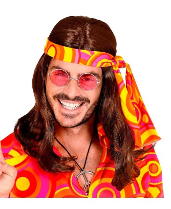 PELUCA HIPPIE AÑOS 60 CASTAÑA CON BANDA