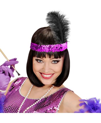 CINTA CHARLESTON MORADA CON PLUMA NEGRA