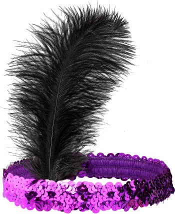 CINTA CHARLESTON MORADA CON PLUMA NEGRA